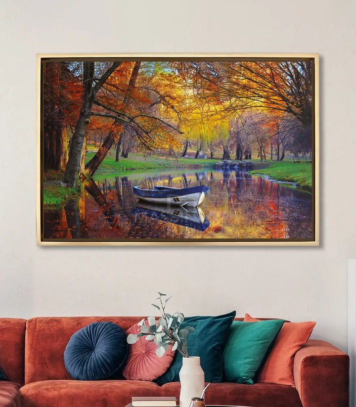 Mise en situation salon moderne tableau barque automne Massinart
