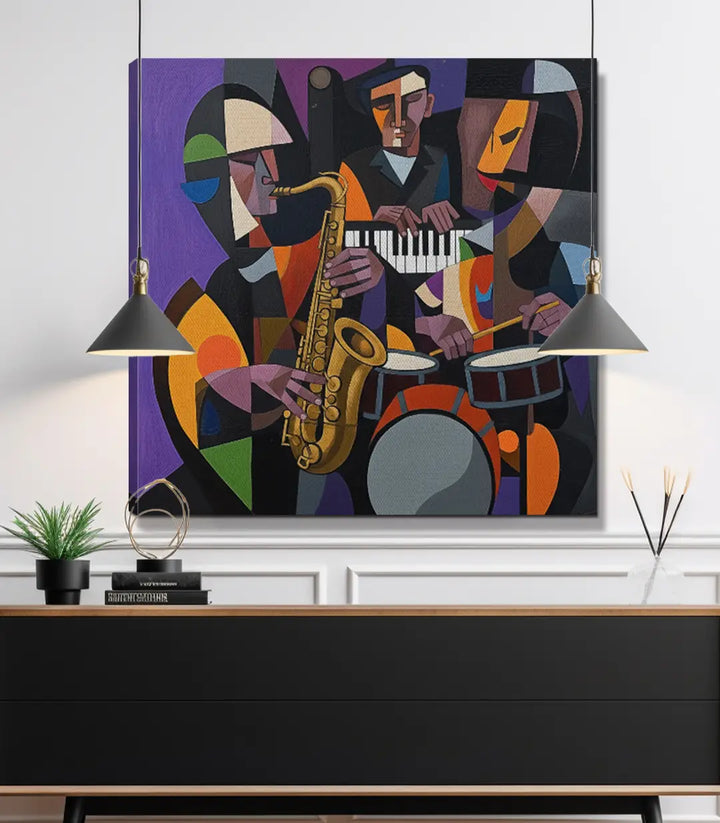 Tableau Cubist Groove mise en situation salon moderne — tableau carré cubiste musicians Massinart