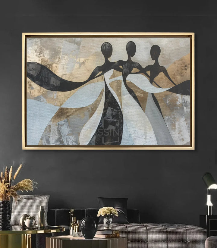 Mise en situation salon moderne, tableau abstrait silhouettes dansantes Massinart