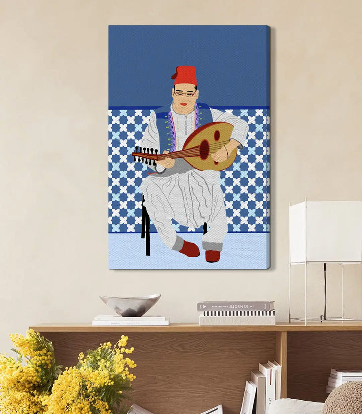 Tableau art figuratif Massinart — motif zellige géométrique bleu blanc rouge