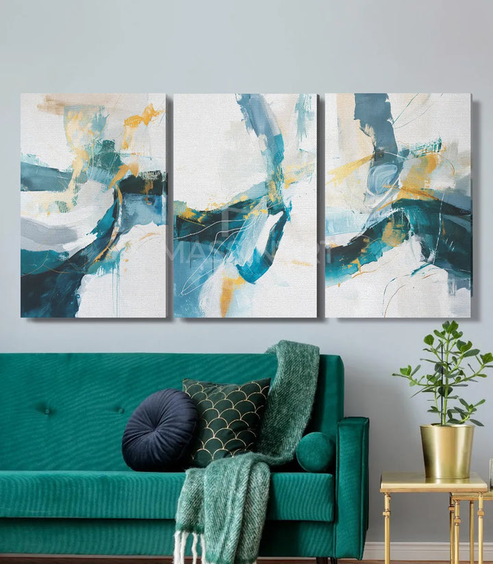 Tableau River Flow triptyque Massinart — mise en situation salon moderne canapé vert