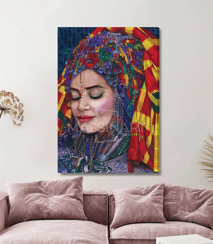 Détail tableau femme berbère ornements traditionnels Massinart