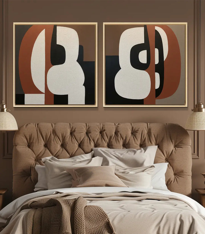Mise en situation Clay Abstraction diptyque au-dessus lit chambre couleur taupe Massinart