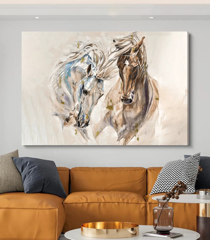 Décoration chambre à coucher — Tableau Chevaux Émotifs tons naturels