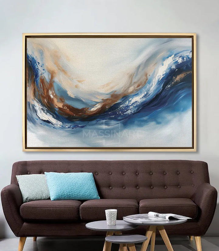Mise en situation salon moderne — Tableau Wave au-dessus canapé marron
