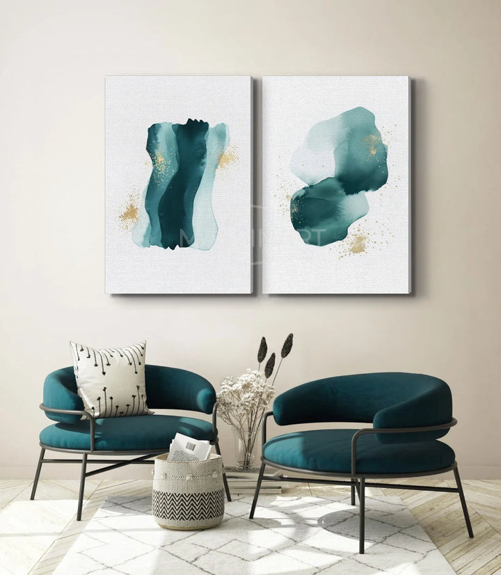 Tableau abstrait minimaliste bleu vert cadre noir Massinart