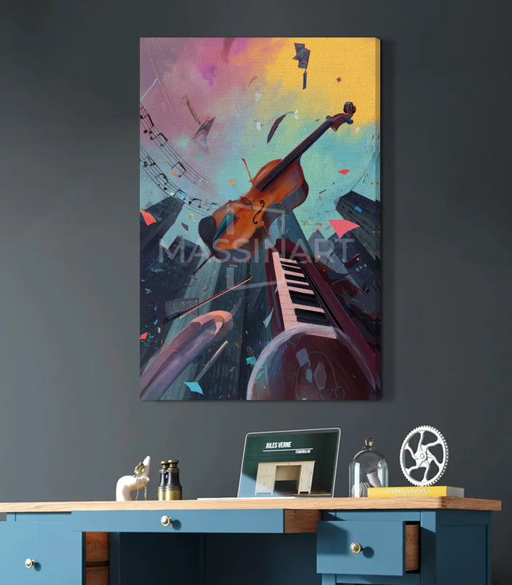 Tableau Melodic Sky détail — instruments et notes de musique sur ciel abstrait Massinart