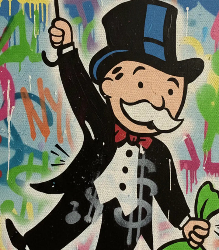 Détail personnage — Figure haut-de-forme argent triptyque Money Dreams street-art Massinart
