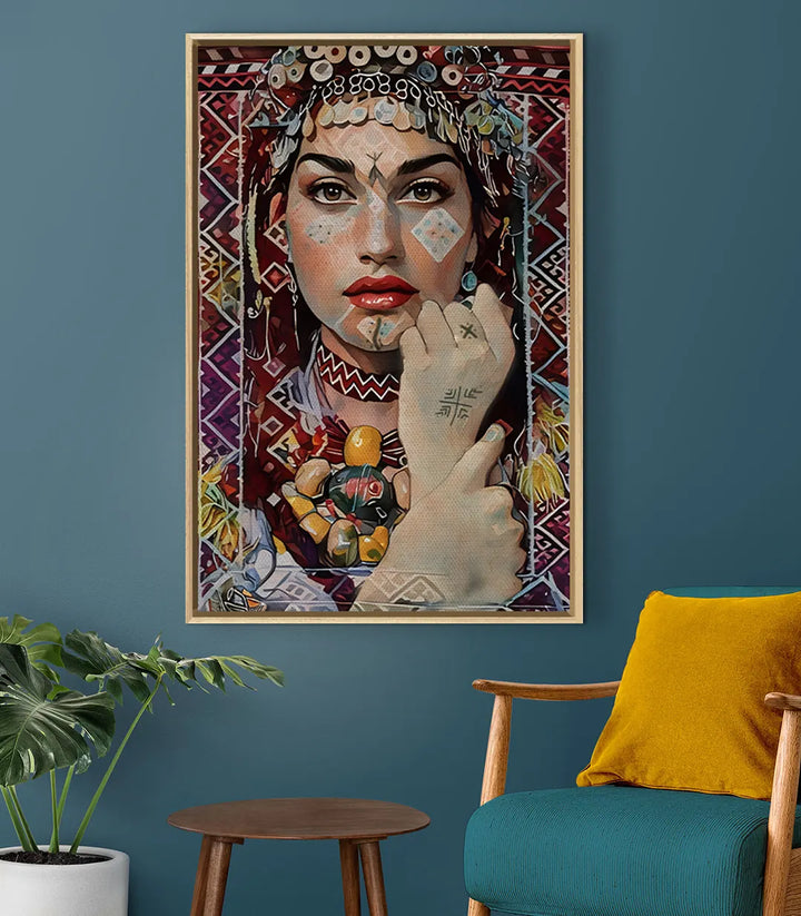 Tableau Amazigh Gaze décoration intérieur salon moderne avec chaise jaune Massinart