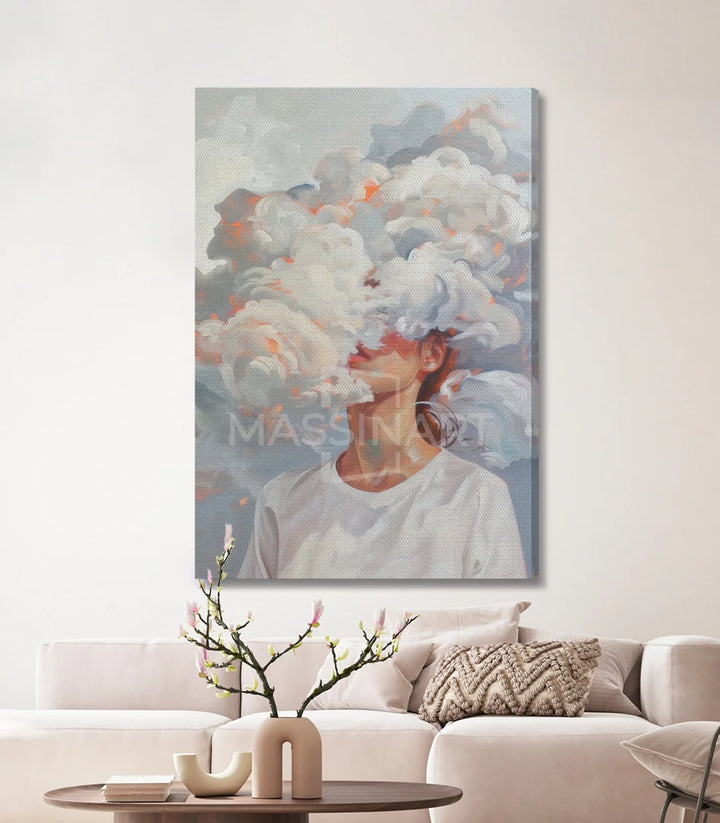 Tableau figuratif femme pensées abstraites gris beige Massinart
