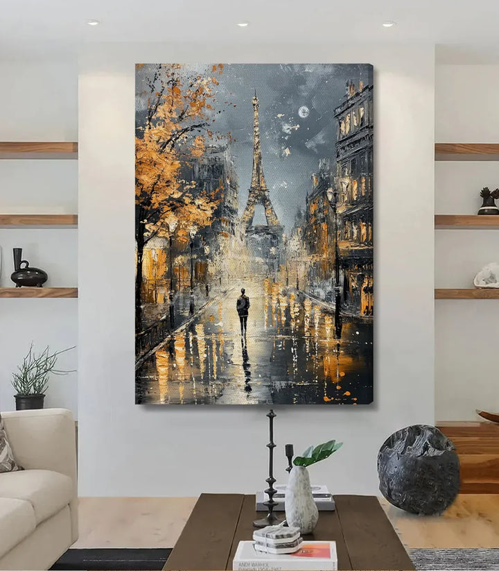 Tableau Paris Stroll mis en situation salon moderne mur blanc Massinart
