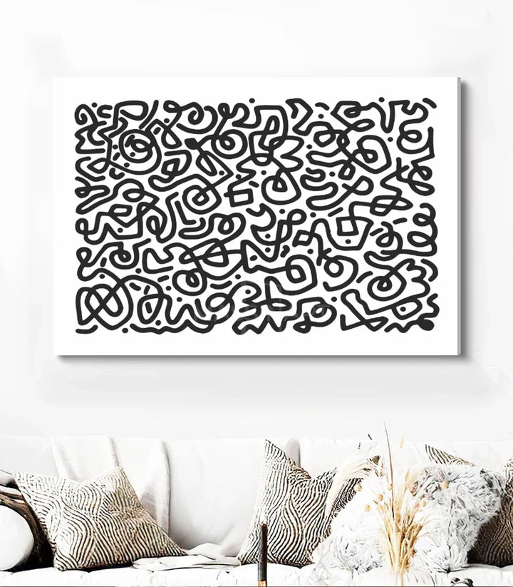 Tableau abstrait minimaliste horizontal en situation salon moderne Massinart