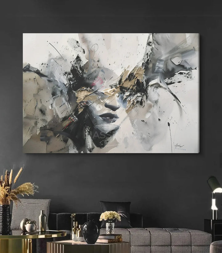 Tableau visage fragmenté style photo-art palette grise - Massinart