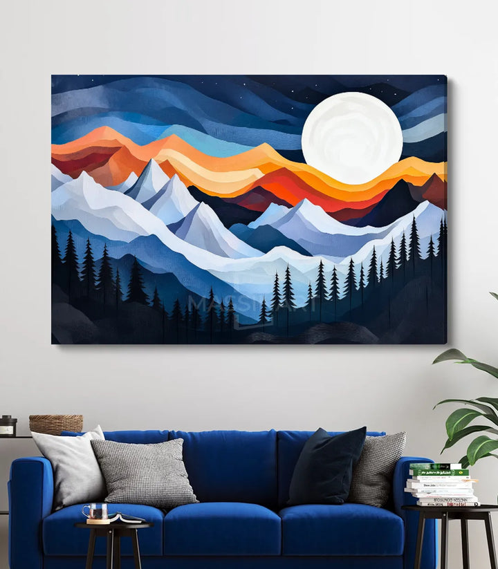 Tableau Moonlit Peaks paysage nocturne géométrique style contemporain Massinart