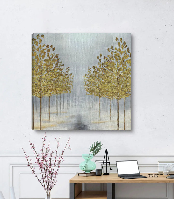 Tableau Single Road ambiance couloir épuré — arbres dorés Massinart