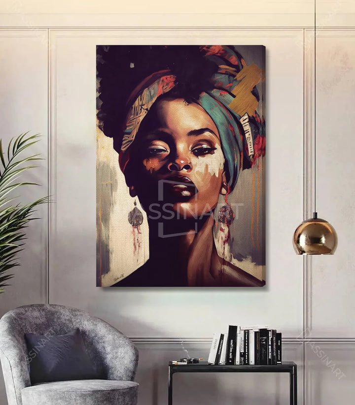 Centre de beauté, tableau portrait femme africaine sur mur clair — Massinart