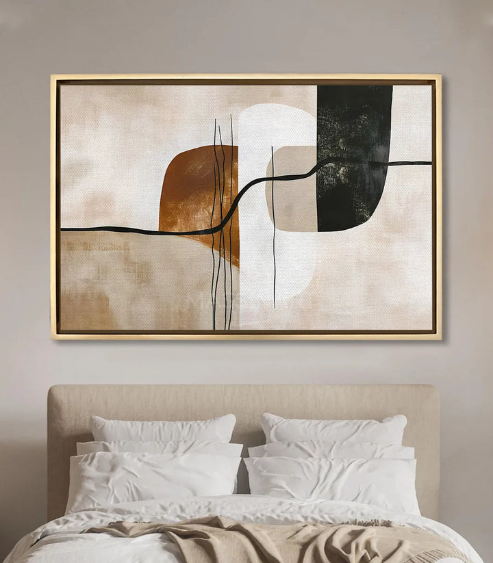 Mise en situation salon moderne — Tableau Carbon au-dessus d'un lit beige avec draps blancs, Massinart