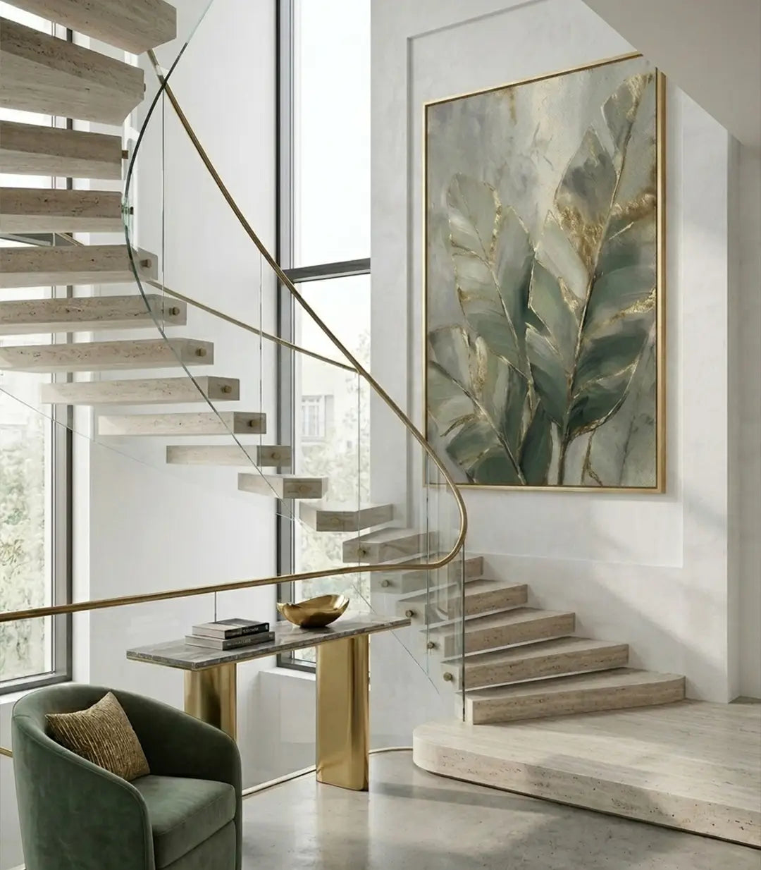 Mise en situation Gildleaf dans escalier moderne, décoration intérieur luxe Massinart