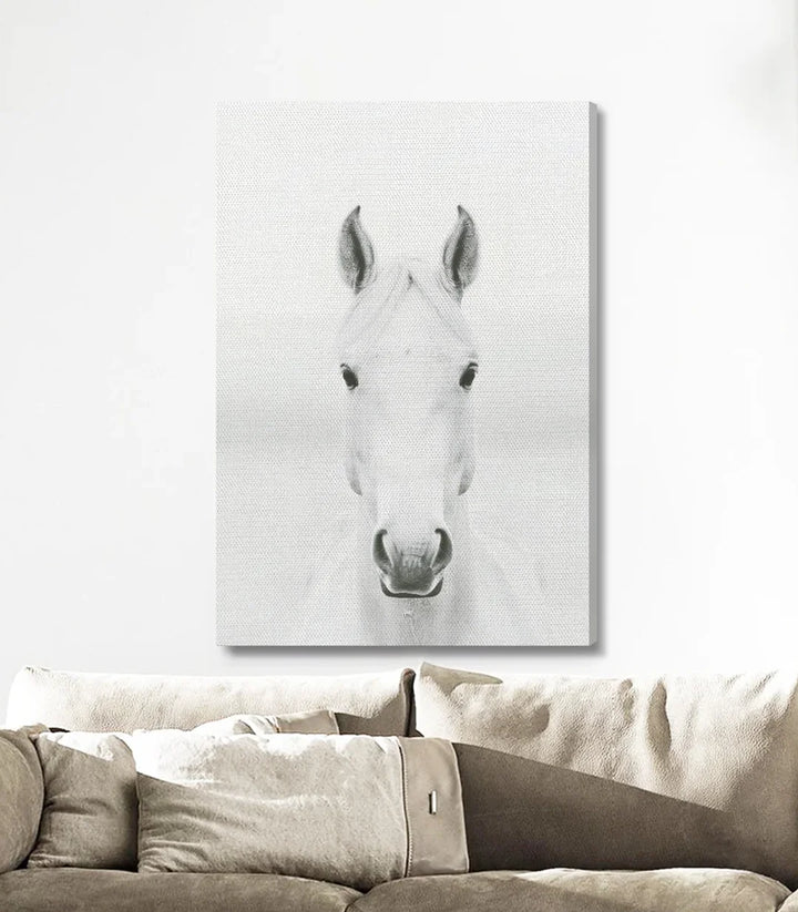 Mise en situation salon moderne — Tableau Innocence cheval blanc Massinart décoration