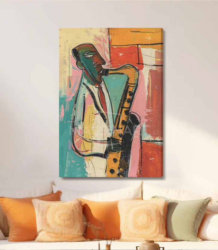 Tableau Jazz Vibes en mise en situation chambre Massinart — tableau musique expressionniste
