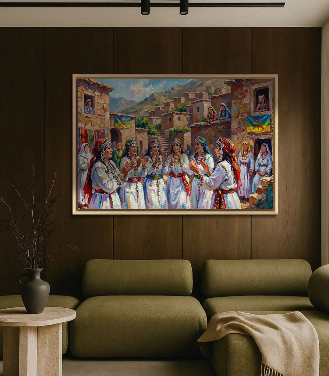 Mise en situation Tableau Amazigh Folklore séjour contemporain beige et tons naturels, Massinart