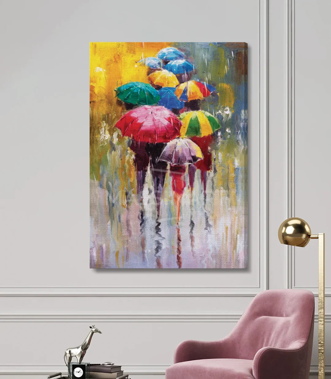 Tableau parapluies colorés vertical — ambiance urbaine pluie palette chaude Massinart