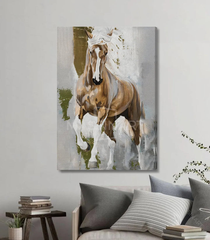 Tableau cheval blanc vertical, détails crinière et expression majestueuse Massinart