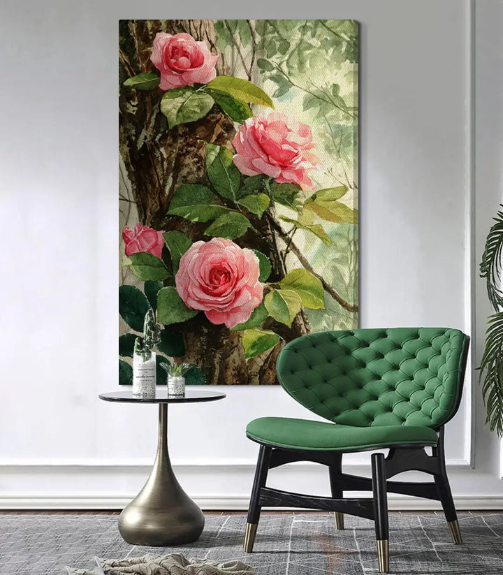 Décoration intérieur Rosy Branch Massinart — tableau nature vertical avec fauteuil vert