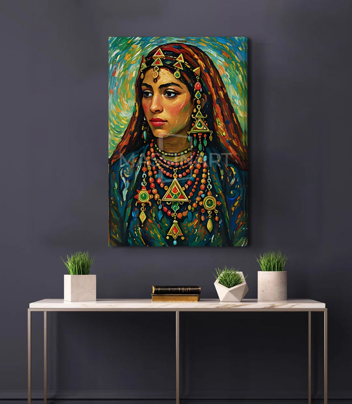 Détail tableau Sousia visage femme berbère parures traditionnelles or Massinart