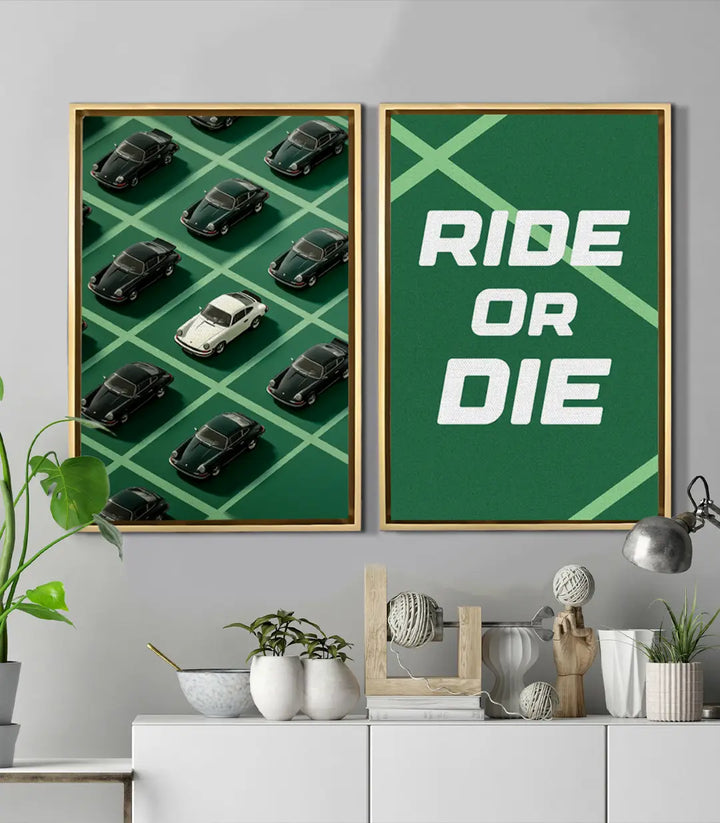 Tableau Ride or Die diptyque droit - typographie RIDE OR DIE fond vert menthe Massinart