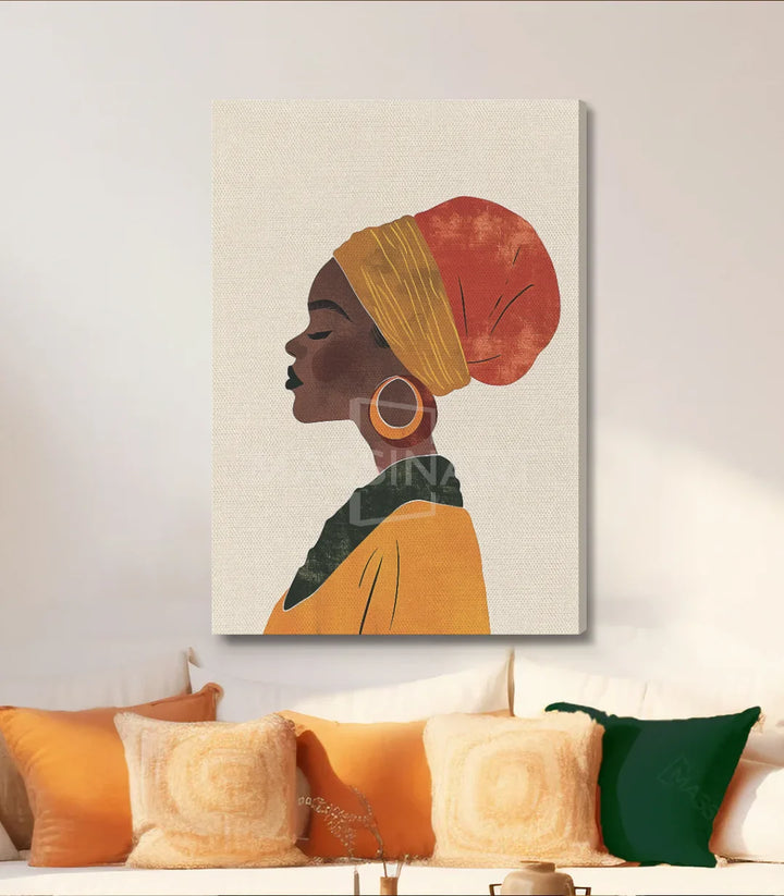 Tableau portrait femme serein palette chaleureuse séjour moderne — Massinart