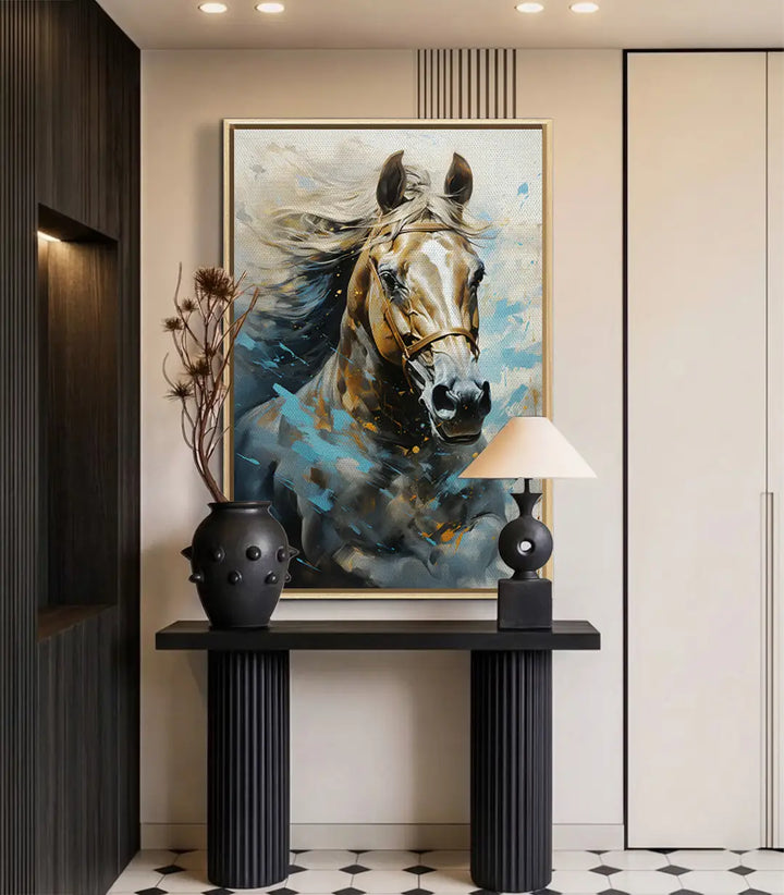 Décoration intérieur contemporain - Tableau Cheval Sovereign au-dessus console noire - Massinart