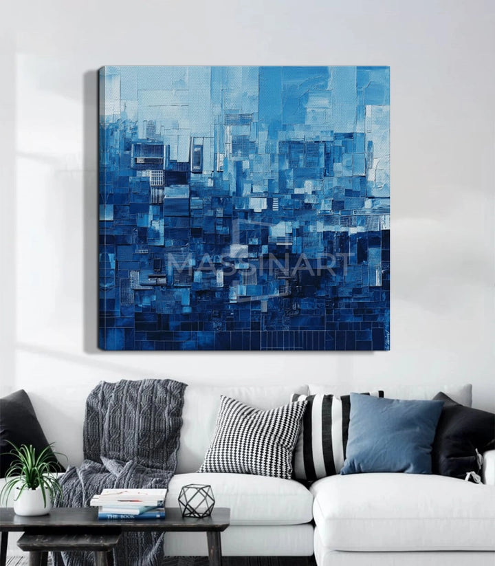 Tableau Blue Skyline détail peinture abstraite architecture moderne bleu Massinart