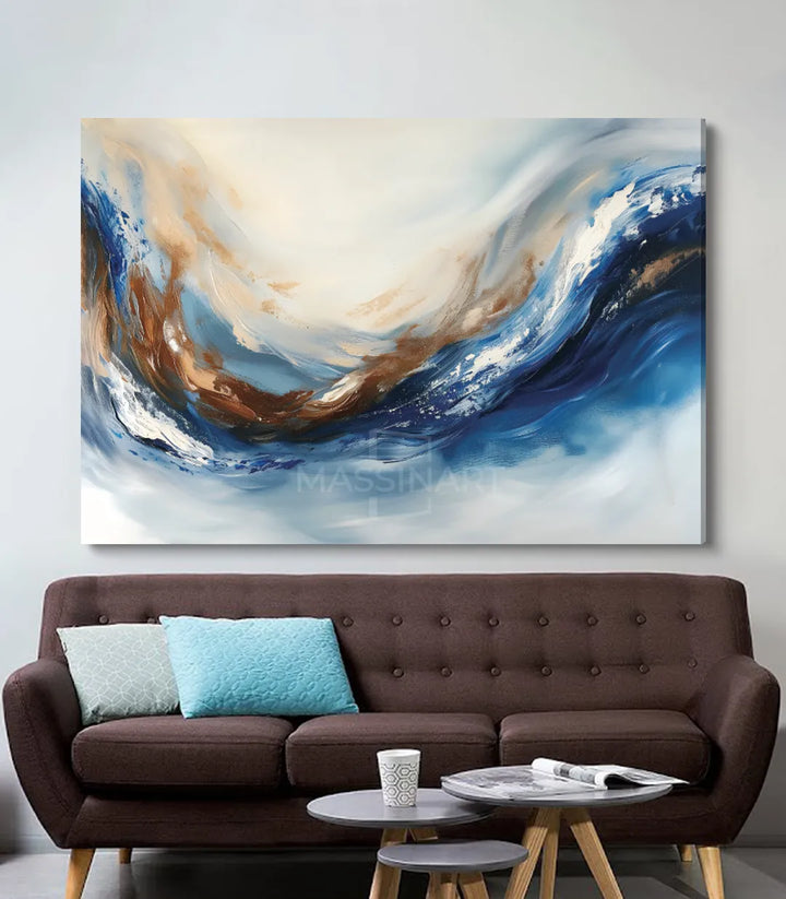 Tableau Wave dans séjour lumineux — harmonie bleu blanc beige