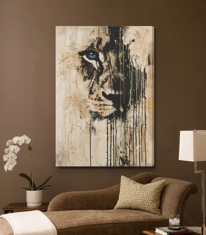 Tableau animal lion expressionniste Massinart style urbain dans salon moderne