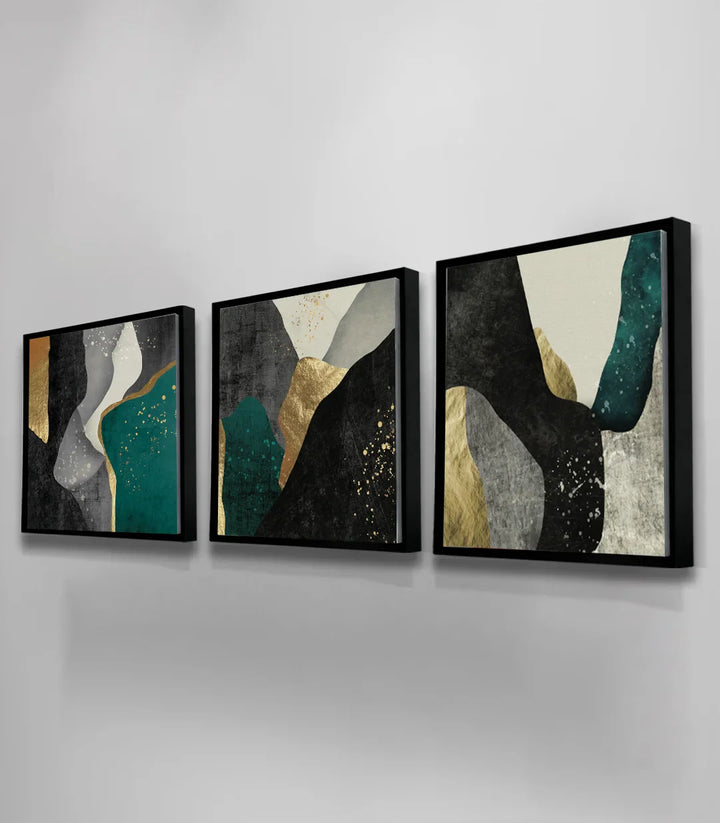 Ensemble triptyque abstrait géométrique encadré noir mur salon, Massinart