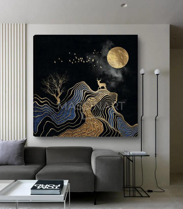 Tableau lune dorée nuit abstrait cadre noir mur blanc Massinart