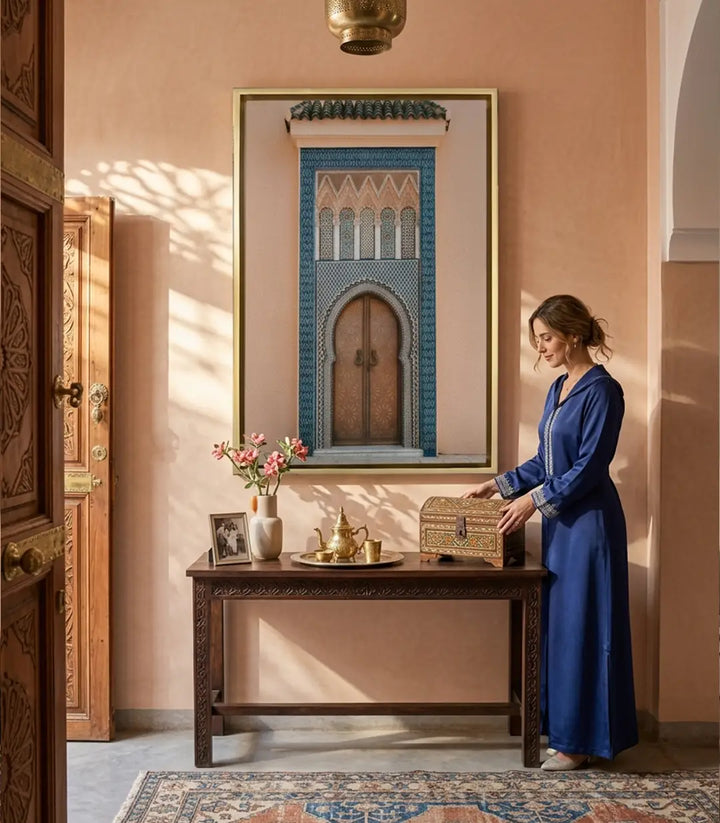 Tableau Medina Portal mise en situation salon marocain, décoration couloir riad Massinart