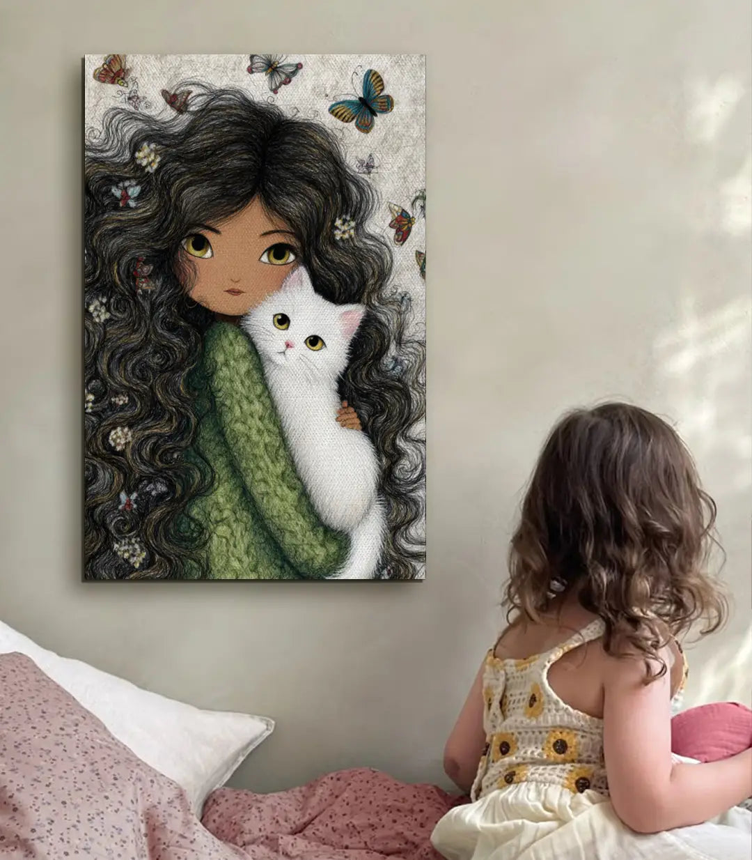 Détail illustration fille chat - Tableau Soft Cuddle Massinart