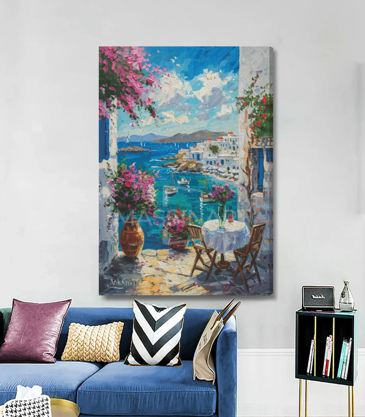 Tableau Mediterranean Balcony décoration salon bleu turquoise Massinart