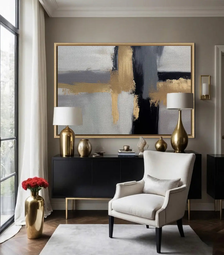 Tableau abstrait contemporain Auric sur mur beige Massinart — cadre noir horizontal