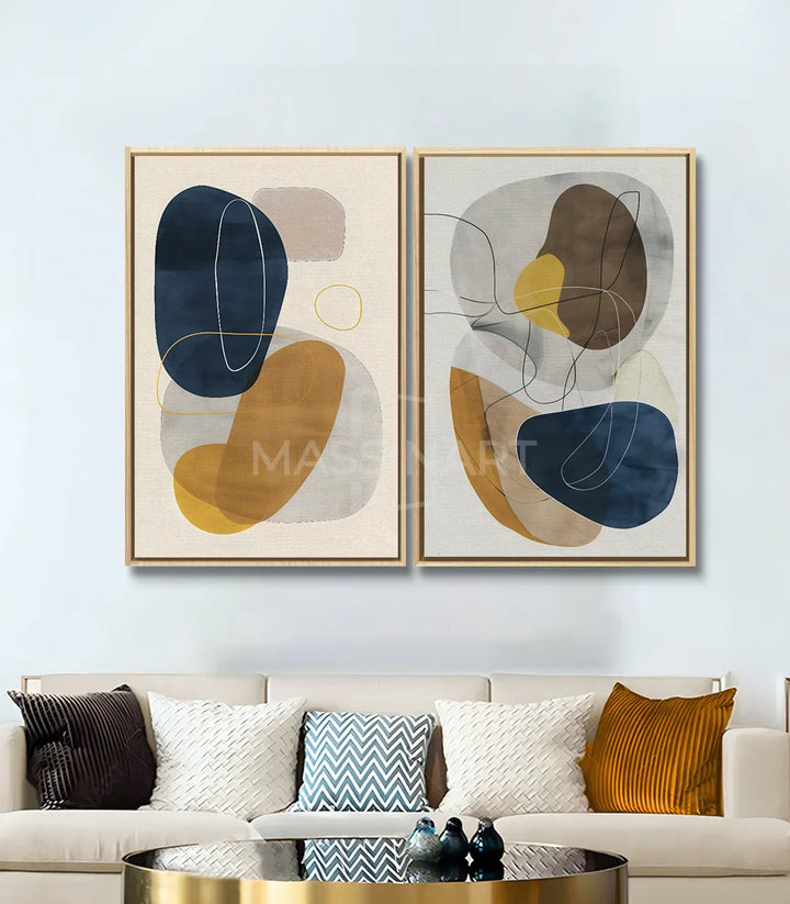 Tableau Sway diptyque abstrait minimaliste — mise en situation salon moderne avec canapé beige Massinart