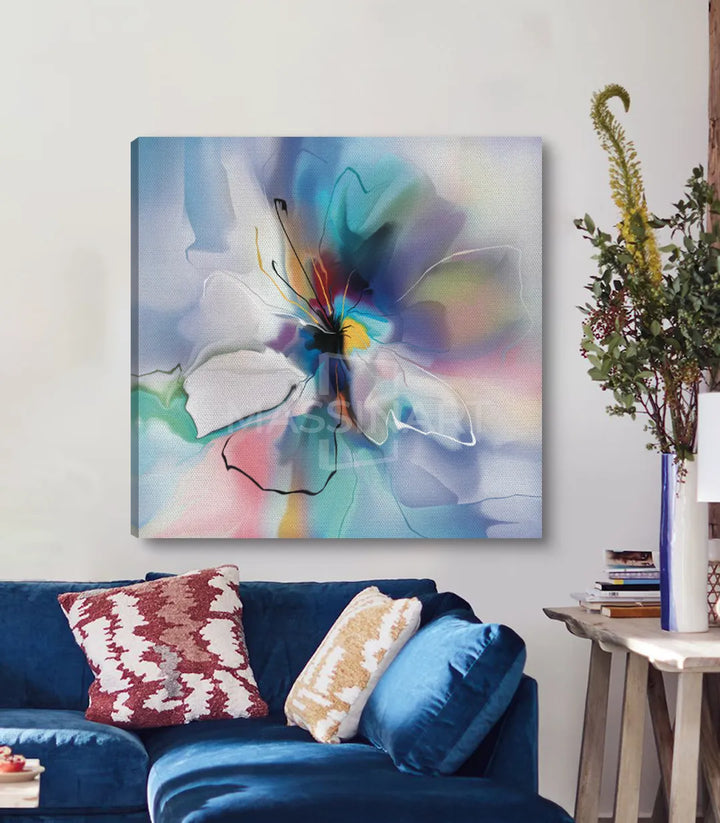 Décoration murale tableau fleur aquarelle colorée, couloir blanc avec accessoires modernes Massinart