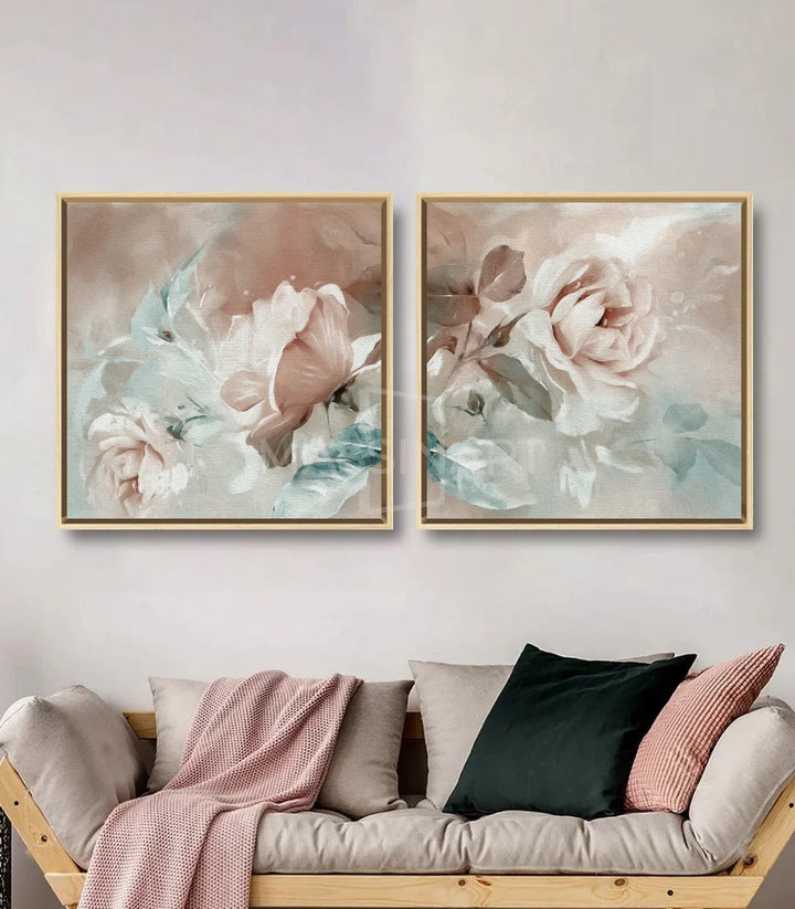 Tableau Bloom diptyque en situation salon moderne — autre vue décoration intérieur, ambiance florale Massinart