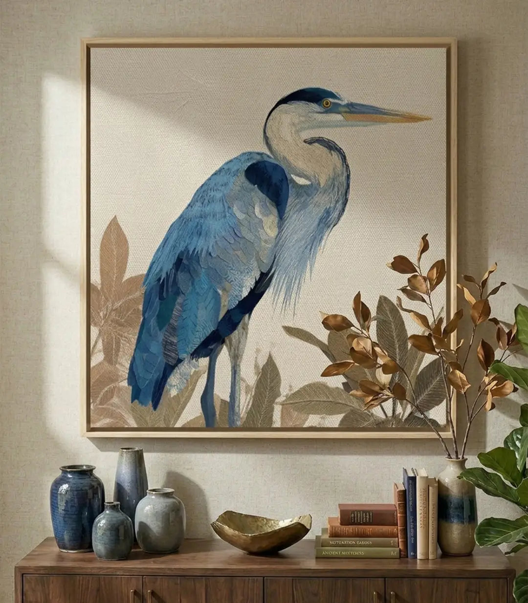 Tableau héron bleu carré figuratif — oiseau aquatique bleu et gris avec plantes Massinart