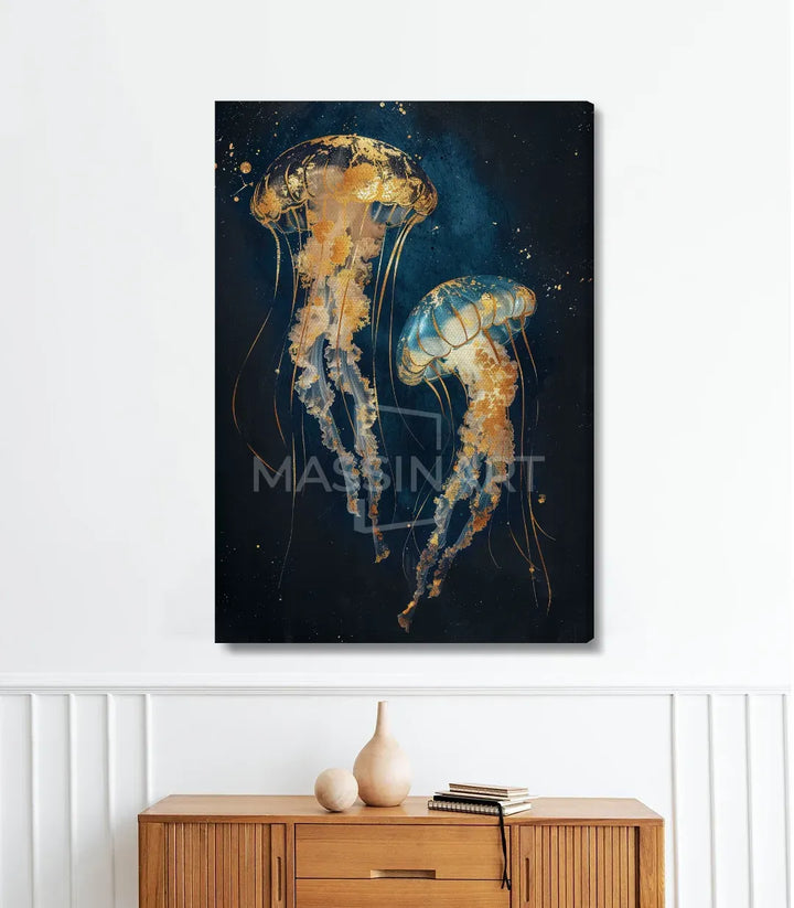 Tableau méduses marines Massinart — détail des teintes doré et bleu profond