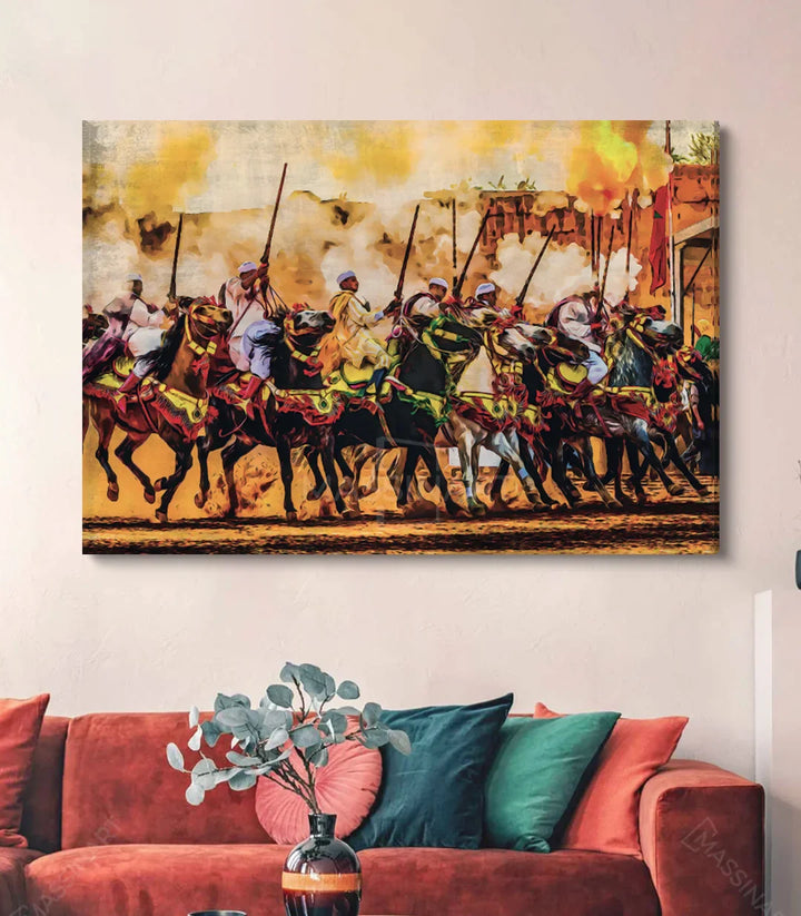 Tableau Tbourida Massinart — détail chevaux et guerriers marocains