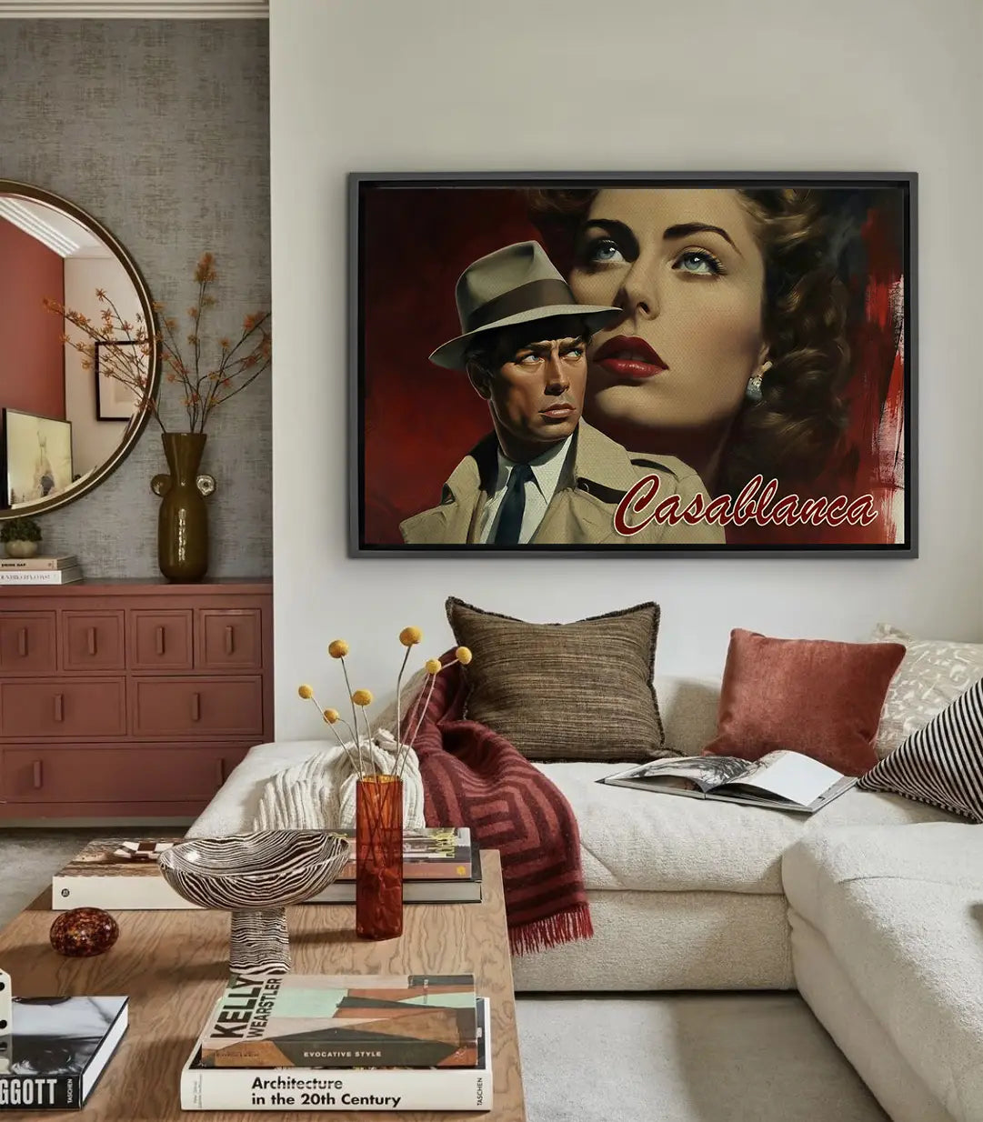 Tableau Casablanca cinéma vintage — affiche film noir avec portrait femme et homme au chapeau, tons rouge et beige Massinart