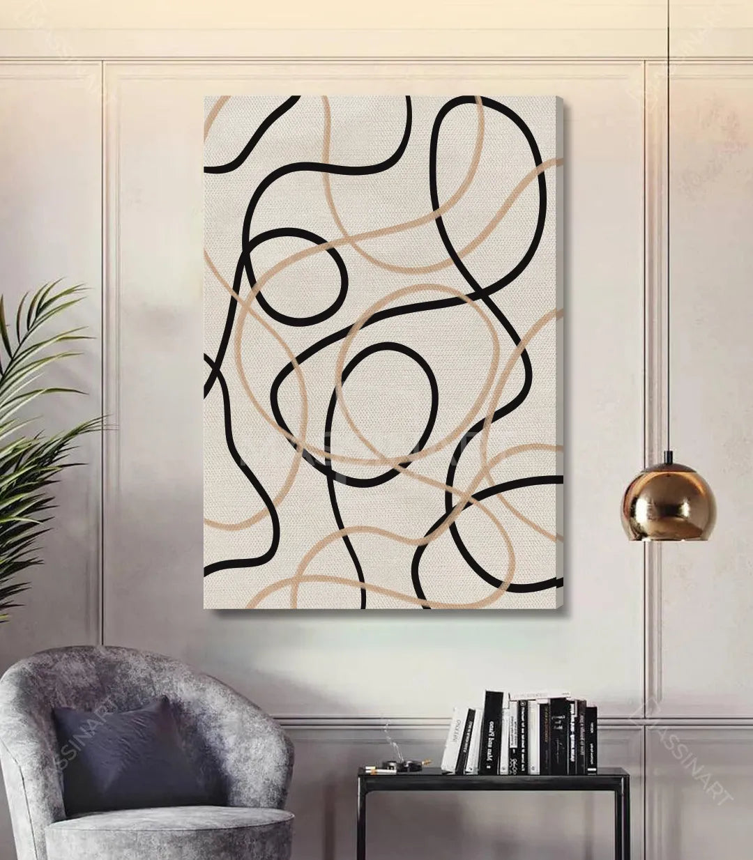 Tableau Sketch dans bureau contemporain, simulation intérieur noir et beige Massinart