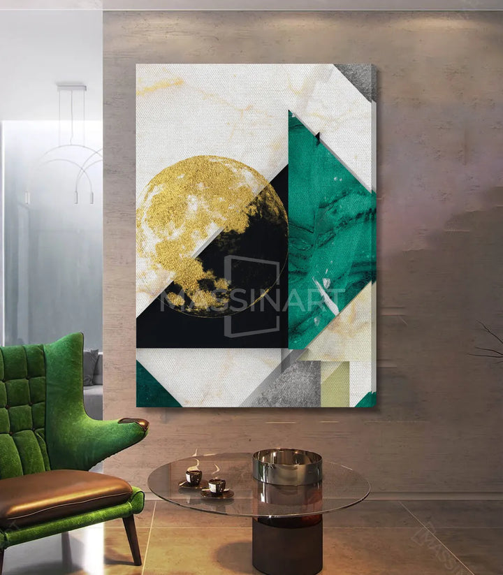 Tableau abstrait géométrique détail formes et teintes dorées turquoise — Massinart